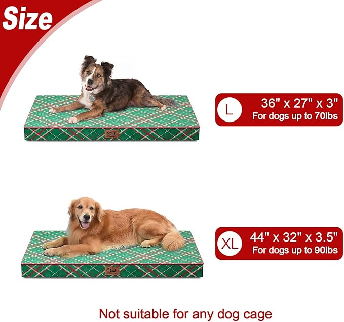 Tail Stories Christmas Orthopedic Dog Bed for Large Dogs, Big Waterproof Dog Bed Washable Pet Bed for Large Sized Dogs with Egg Crate Foam Pet Bed Mat, Removable Oxford Cooling Cover, Plaid