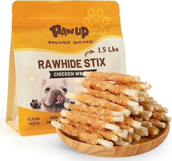 PAWUP Dog Treats, Chicken Wrapped Rawhide Sticks, Long Lasting Rawhide Chews for Teeth Cleaning, Taurine Added for Small & Medium Dogs, 24oz