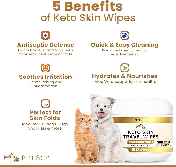 Petscy Keto Skin Travel Wipes - Antiseptic Dog Wipes for Paws, Ears, Facial Folds, Underarms & Other Sensitive Areas for Dogs & Cats – Aloe-Infused, Non-Greasy Formula (Travel)