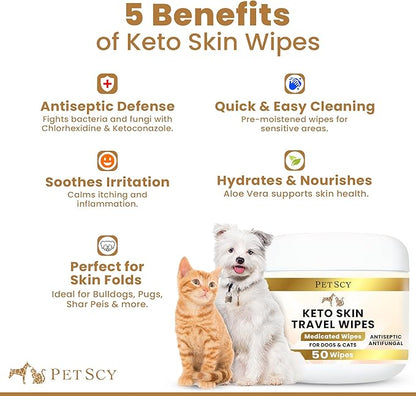 Petscy Keto Skin Travel Wipes - Antiseptic Dog Wipes for Paws, Ears, Facial Folds, Underarms & Other Sensitive Areas for Dogs & Cats – Aloe-Infused, Non-Greasy Formula (Travel)
