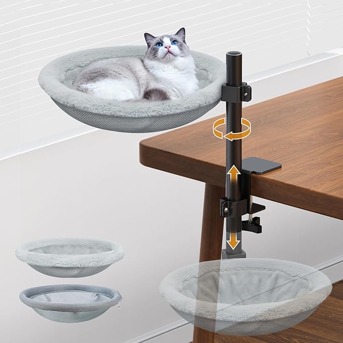 TVOVT On/Under Cat Desk Bed - 360°Rotation & Adjustable Mount Perch Cats Hammock Up to 50 lbs Cat Furniture for Office Desks and Game Tables with 2 Soft and Breathable Dual-Sided Reversible Mat