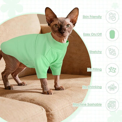 OUOBOB Sphynx Hairless Cat Clothes, Soft Cotton Pullover Turtleneck Shirt with Sleeves for Kitten Puppy Small Dogs, Cat Pajamas for All-Season - Green L