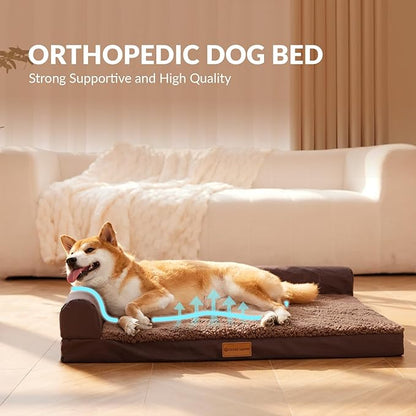 Patas Lague Orthopedic Dog Bed Large Sized Dog 36''X24'', Waterproof L Bolster Medium Pet Sofa Beds with Removable Washable Cover, Soft Comfortable Pet Couch Crate Mat with Nonskid Bottom, Brown
