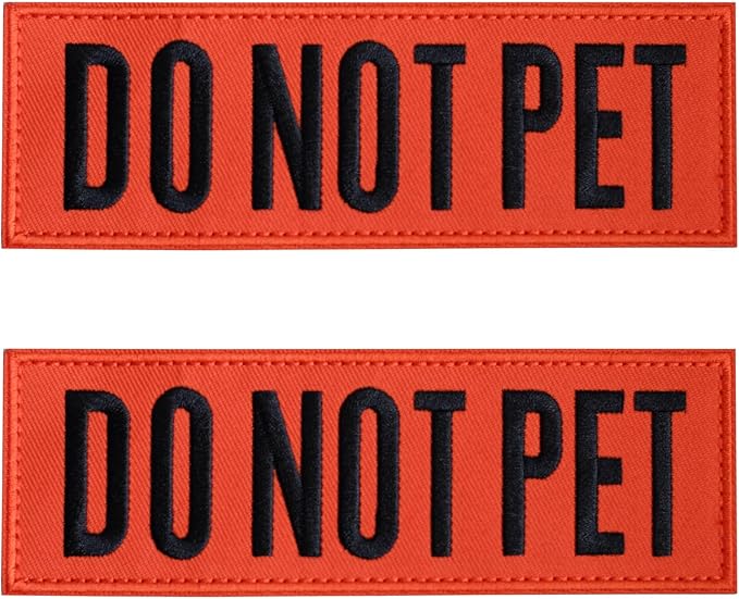 FITZNORA Embroidered Do Not Pet Patches, 2 Pack Clear Sign with Hook and Loop Pieces, Easy to Read Tabs for Dog Vest Harness Collar, 6 x 2 inches