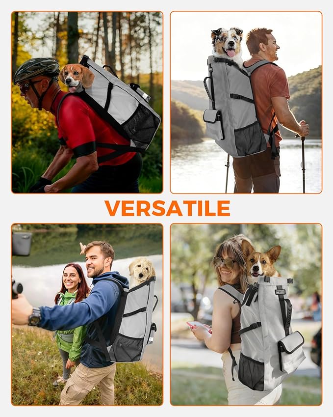 FOXFOCUS Dog Backpack Carrier for Medium Dogs - 4-Layer Protection, Under 30 lb, Waterproof, Adjustable Dog Travel Bag with Storage Pockets, Reflective Strips, Non-Slip Handle for Hiking - Grey