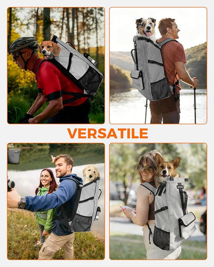 FOXFOCUS Dog Backpack Carrier for Medium Dogs - 4-Layer Protection, Under 30 lb, Waterproof, Adjustable Dog Travel Bag with Storage Pockets, Reflective Strips, Non-Slip Handle for Hiking - Grey