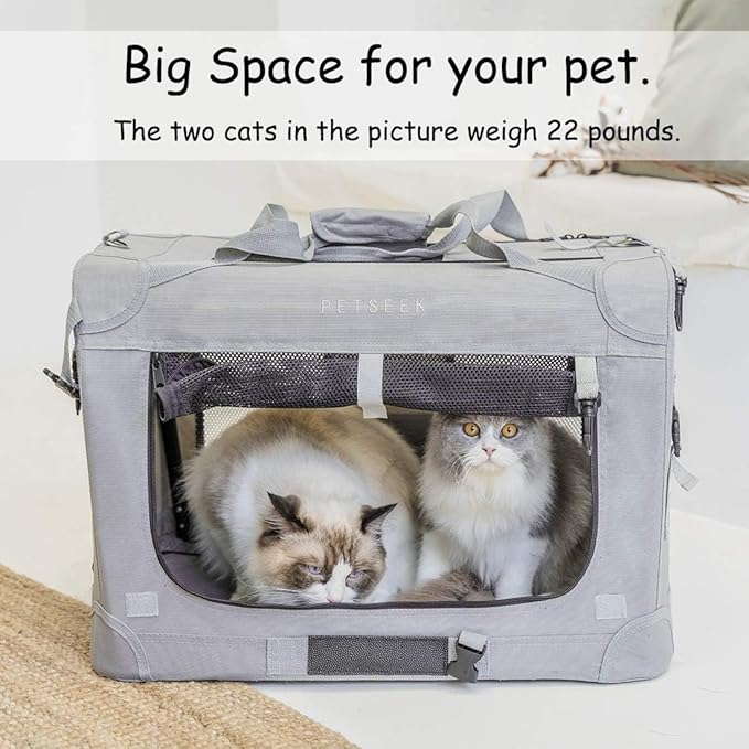 Petseek Extra Extra Large Cat Carrier Soft Sided, Portable Small Dog Carrier for 2 Cats, 24"x16.5"x16" Car Travel Folding Comfortable Design with Litter Box and Bowls, Grey+ Litter Box+ Bowl*2