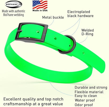 Dogline Biothane Waterproof Dog Collar Strong Coated Nylon Webbing with Black Hardware Odor- Proof for Easy Care Easy to Clean High Performance Fits Small Medium or Large Dogs, Tropical Green