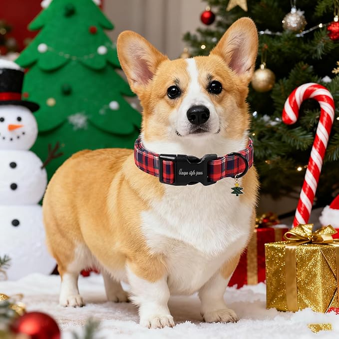 Unique Style Paws Christmas Dog Collar Plastic Buckle with Pendant Blue Purple Red Grid Cotton Puppy Collars for Small Medium Large Dogs