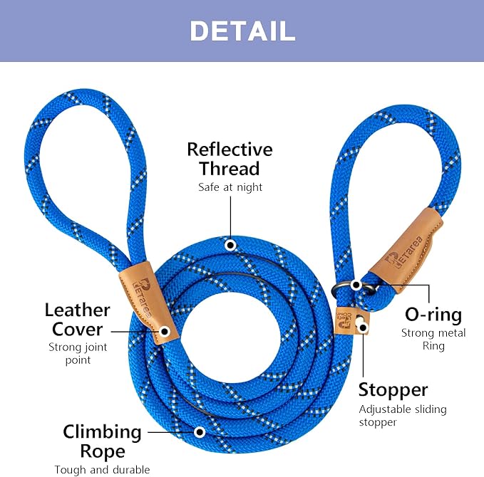 5 FT Slip Lead Dog Leash, Heavy Duty Rope Leash for Small Medium Large Dogs, No Pull Training Lead with Reflective Thread, Strong Comfortable Loop Leash (Blue Stripe, Medium(3/8"))
