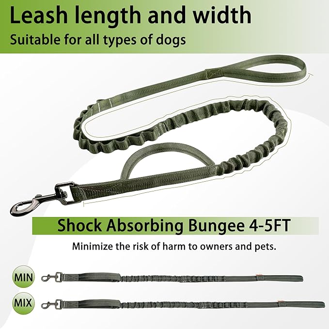 Reflective Heavy-Duty Dog Leash Adjustable 4–5 ft Shock-Absorbing Leash with Padded Handle & Traffic Handle, Equipped with 360° Tangle-Free Metal Clasp, Suitable for All Dog Sizes (Olive Green)