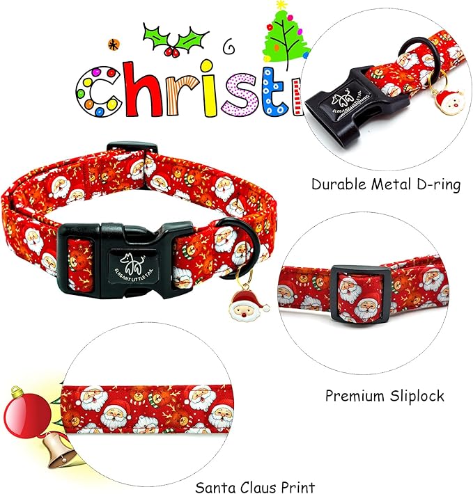 Elegant little tail Christmas Dog Collar, Pet Collar Cotton Soft Santa Claus Winter Dog Collars Holiday with Quick Release Buckle Pet Puppy Collar for Medium Dogs