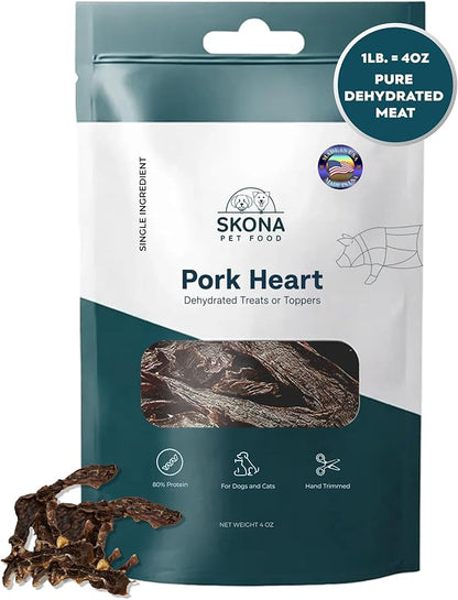 Skona PetFood Pork Heart Jerky Dog & Cat Treats, Single-Ingredient, High Protein Training Snacks, Natural & Healthy, USA Made, Rich in Nutrients, Supports Heart, Eye & Dental Health, 4oz