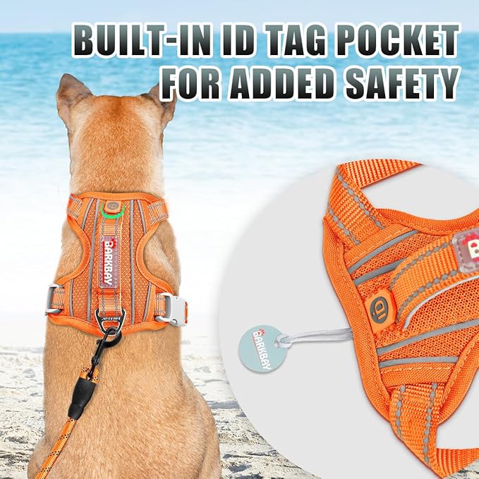 BARKBAY No Pull Dog Harness Large Reflective Dog Harness with Front Clip and Easy Control Handle for Walking Training Running with ID tag Pocket(Orange,M)