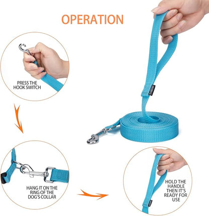 Siumouhoi Strong Durable Nylon Dog Training Leash, 1 Inch Wide Traction Rope, 6 ft 10ft 15ft Long, for Small and Medium Dog (Mint Blue, 15 Feet)