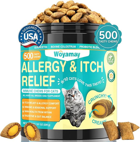 Woyamay Cat Allergy Relief for Cats, 500 Crunchy & Creamy Anti-Itch and Immunity Chews for Itchy Skin, Paws, Eyes, Ears| Stop Licking & Scratching, Supports Seasonal Itching, Chicken Flavor