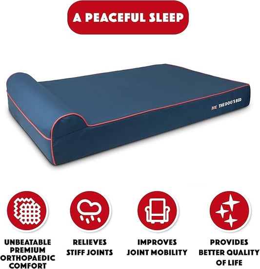 The Dog’s Bed Orthopedic Headrest Dog Bed XXL Blue Oxford with Red Trim UK Flag Dog Bed, Memory Foam, Hip & Elbow Dysplasia, Post Surgery, Waterproof Washable Cover, Veterinary Approved