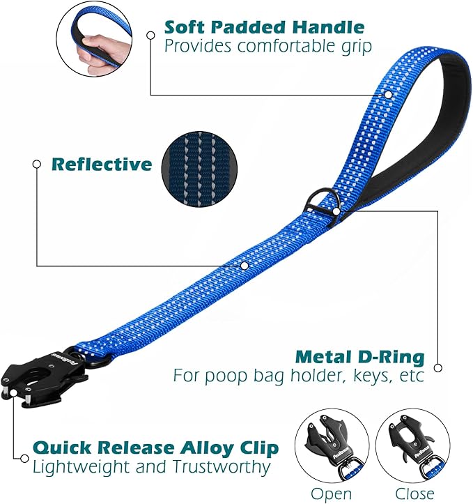 PetBonus Heavy Duty Short Dog Leash, 24 Inch Nylon Traffic Leash with Quick Release Clip, Comfortable Padded Handle, Reflective Training Lead for Medium Large Dogs (Dark Blue, 24")
