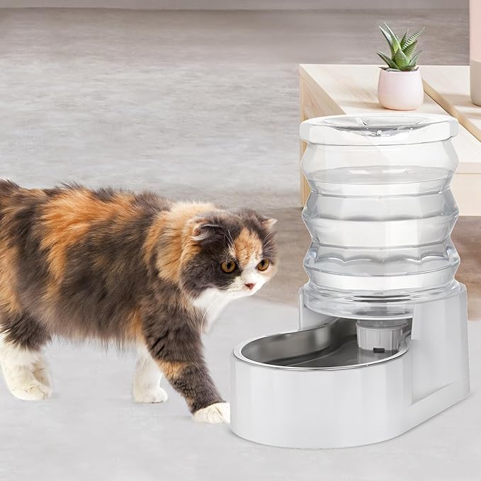 RIZZARI Gravity Water Bowl Dispenser: 4L White Stainless Steel Water Feeder Without Filter - Detachable Food-Grade Bowl -Spill-Proof - for Small Cats & Busy Multi-Pet Owners - Home Bedroom Garden