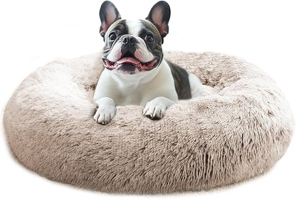 JOLLYVOGUE Calming Small Dog & Cat Bed for Indoor Cats - 20 inches Washable Donut Bed for Kittens & Puppies, Anti-Anxiety Round Fluffy Plush Pet Beds (Fits up to 15 lbs, Cream Brown)