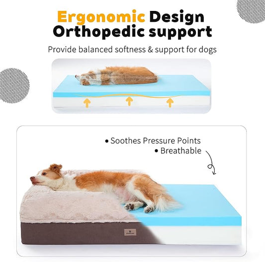 PetFun Memory Foam XL Dog Bed for XLarge Sized, Extra Large Orthopedic Dog Sofa with Sides and Waterproof Liner, Washable Bolster Pet Bed Couch with Removable Cover, 60x43x13 Inch, Khaki