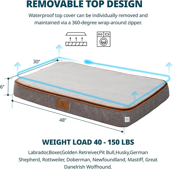 LIORCE Orthopedic Memory Foam XXL Dog Bed - 6" Thick Beds for Extra Large Sized Dog - Waterproof Removable Washable Cover & Wrap-Around Zipper - Ultimate Comfort & Easy Maintenance, Light Grey
