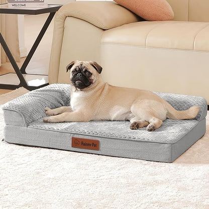 Rainmr Orthopedic Dog Bed for Small and Medium Dogs, Memory Foam Pet Bed with Washable Removable Cover, Nonskid Bottom, Waterproof, for Indoor, Outdoor, Crate ＆ Car Use, 30x20x6 Inches, Light Grey