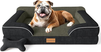 CWAWZ Dog Beds for Large Dogs, Orthopedic Dog Bed with Cooling Gel Memory Foam, Waterproof Large Pet Bed with Removable Washable Cover, 36" Pet Sofa Couch Dutch Velvet with Bone Toy, Black