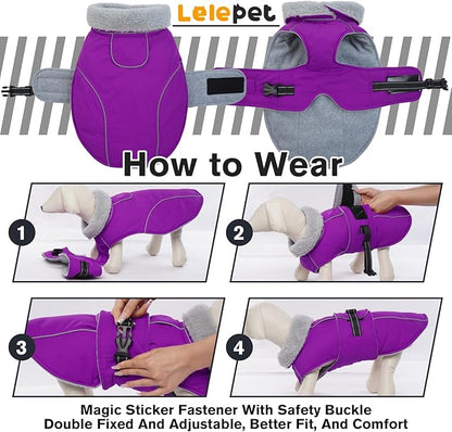 Lelepet Warm Dog Winter Coats for Large Dogs Waterproof Dog Jacket Reflective Pet Fleece Vest Windproof Cold Weather Coats with Adjustable Buckle & Leash Hole, Purple, L