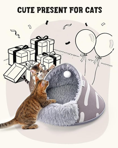 BurgeonNest 20-Inch Round Cat Bed Cave, Enclosed Hooded Pet Bed for Indoor Cats, Cozy Anti-Collapse Cave with Soft Plush, Waterproof EVA Shell, Fully Washable, Shape Retention, Grey