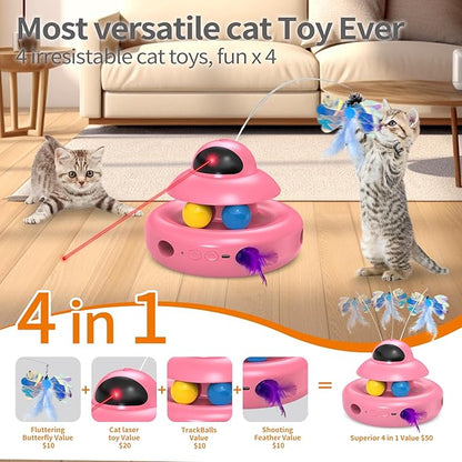 MOHAYA Automatic Cat Toys,4-in-1 InteractiveCat Toys for Bored Indoor Adult Cats, Electric Flying Butterfly,Rechargeable Moving Ambush Feather,Pink Kitter Toy Track Balls