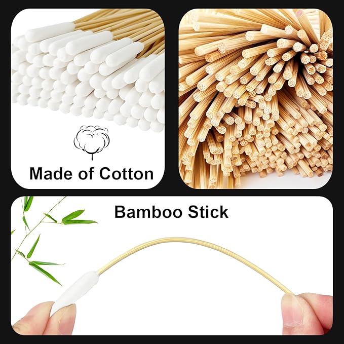 Egaageoi 100 Pcs 6-Inch Long Cotton Swabs with Sturdy Bamboo Handle - Extended Reach Applicators for Dog Ear Cleaning & Pet Care - Single Tip Swabs for Gun Cleaning, Electronics Detailing & Wound Care