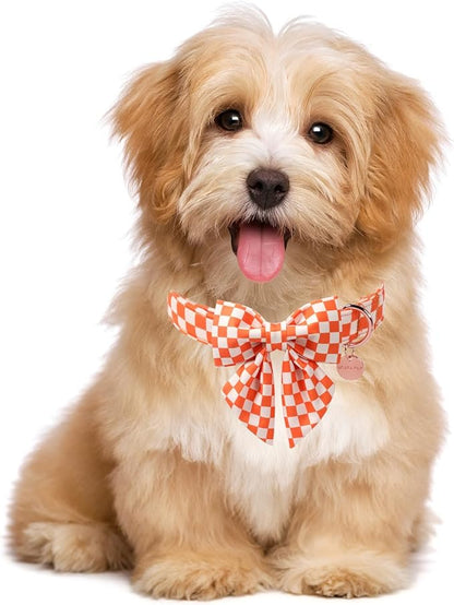 Fall Dog Collar with Bow Tie, Orange Plaid Bowtie Dog Collar, Autumn Bowtie Collars for Puppy Boy Girl Dogs, Comfortable Cotton Dogs Collars with Metal Buckle