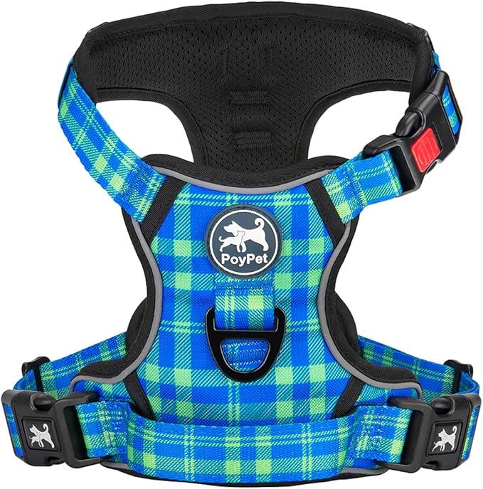 PoyPet No Pull Dog Harness, Reflective Adjustable No Choke Pet Vest with Front & Back 2 Leash Attachments, Soft Control Training Handle for Small Medium Large Dogs(Checkered Blue & Green,L)