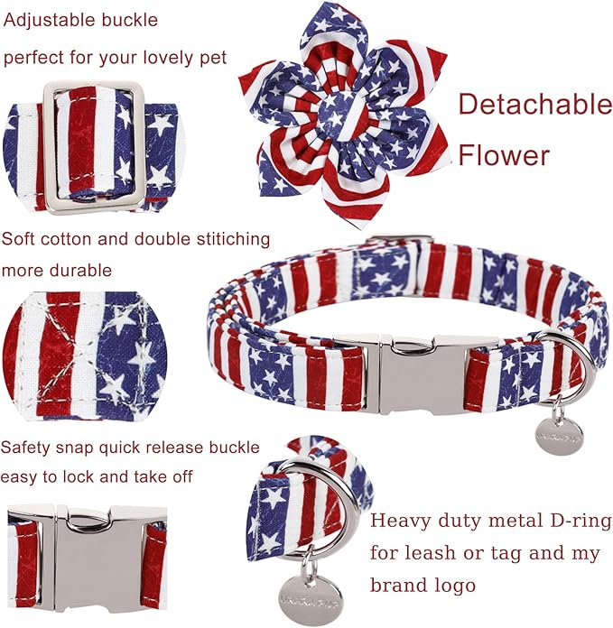 UP URARA PUP Dog Collar with Flower, 4th of July Comfortable Cotton Dog Collar, American Flag Collar for Small Girl Dog, Patriotic Flower Collar with Metal Buckle, S