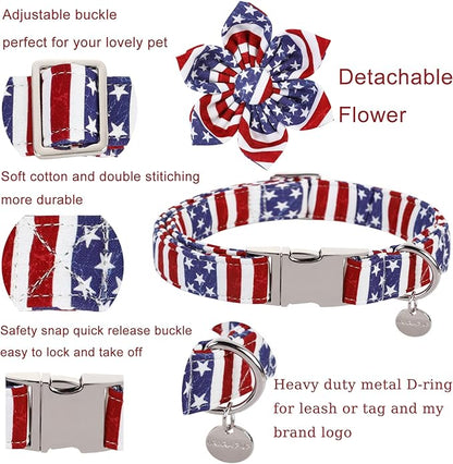 UP URARA PUP Dog Collar with Flower, 4th of July Comfortable Cotton Dog Collar, American Flag Collar for Medium Girl Dog, Patriotic Flower Collar with Metal Buckle, M