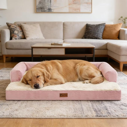 Casa Paw Orthopedic Dog Beds for Large Sized Dogs, Waterproof Egg Crate Foam Large Dog Couch Beds with Comfy Bolster 36x27Inch, Washable Pet Beds with Removable Cover and Nonskid Bottom, Pink
