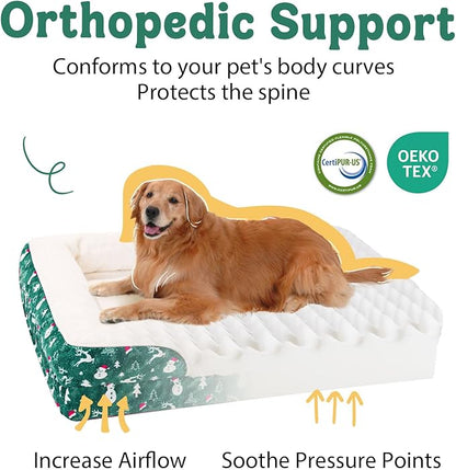 Christmas Washable Orthopedic Large Dog Bed - Removable Orthopedic Foam Pet Couches with Bolsters Waterproof Large Dog Bed and Non-Slip Bottom Extra Large Pet Sofa - Green