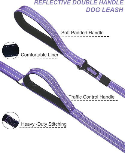 AUBELL Double Handle Tactical Dog Leash Heavy Duty for Small and Medium Large Dogs,Reflective Adjustable Nylon Leash That Pull with Car Seatbelt for Training,4.5-6FT,Purple