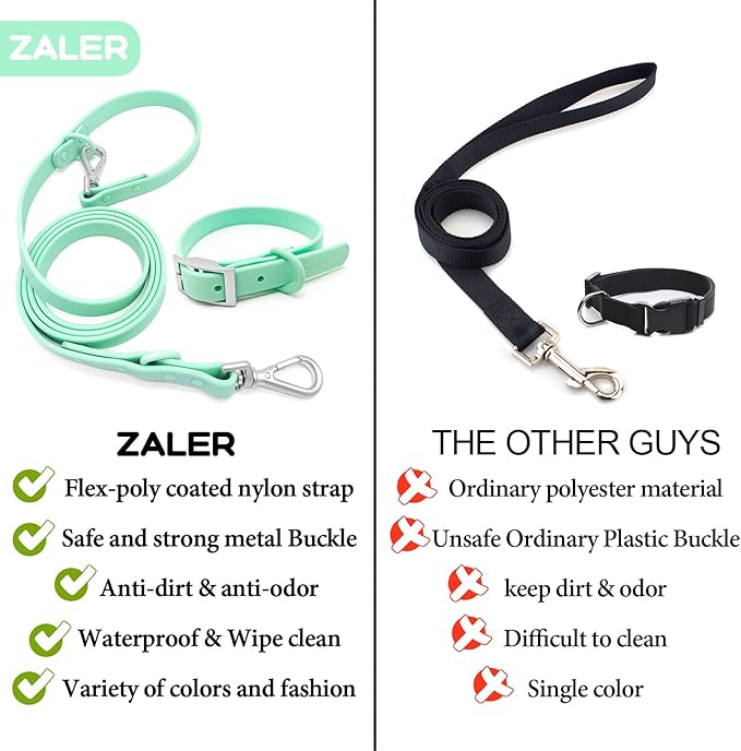 ZALER Dog Collar and Leash Set, Waterproof Adjustable Odor Proof Pet Collars Leashes Easy to Clean, 6FT Dog Leash with 2 Hooks for Large, Medium Small Dogs (S, Mint Green)