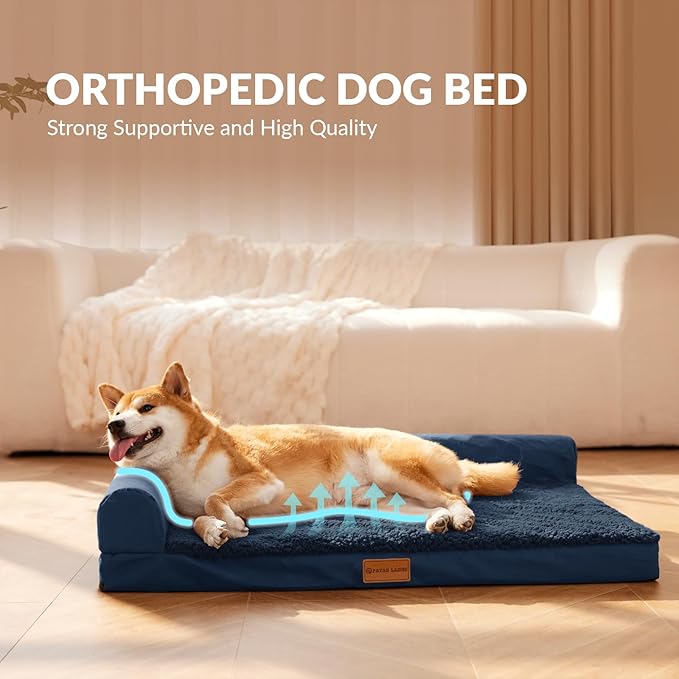 Patas Lague Orthopedic Jumbo Dog Bed for Extra Large Dogs 56''X40'', Waterproof L Bolster Pet Sofa Beds with Removable Washable Cover, Soft Comfortable Pet Couch Crate Mat with Nonskid Bottom, Navy