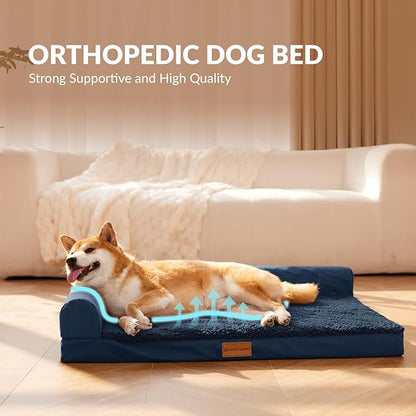 Patas Lague Orthopedic Dog Bed Medium Size Dog 30''X20'', Waterproof L Bolster Medium Pet Sofa Beds with Removable Washable Cover, Soft Comfortable Pet Couch Crate Mat with Nonskid Bottom, Navy Blue