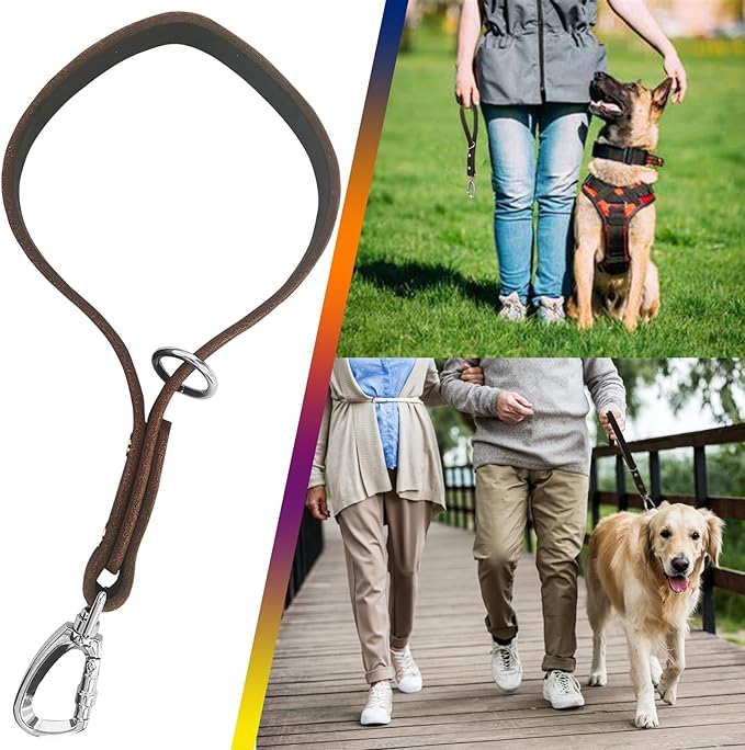 Short Leather Dog Leash 14 Inch Lead With 360 Heavy Duty Metal Clip - Soft, Strong, Light for Medium and Large Dogs - Pet Training Walking Rope