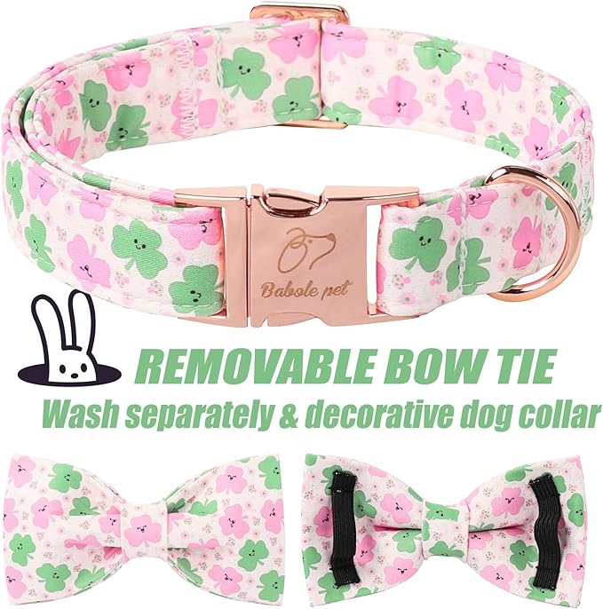 St Patricks Day Dog Collar with Bow Tie - Cotton Pink Green Clover Bowtie Dog Collar Adjustable Heavy Duty Holiday Dog Collars for Small Medium Large Dogs XS