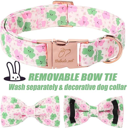 St Patricks Day Dog Collar with Bow Tie - Cotton Pink Green Clover Bowtie Dog Collar Adjustable Heavy Duty Holiday Dog Collars for Small Medium Large Dogs XS