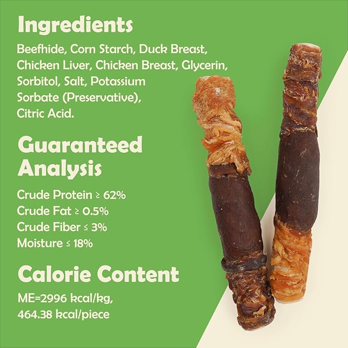 MON2SUN Dog Treats Triple Flavor 9 Inch Chicken Liver Duck and Chicken Wrapped Rawhide Rolls, Teeth Cleaning and Long Lasting Chews for Medium and Large Dogs, 22.2 oz(4 Count)