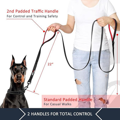 Plutus Pet Double Handle Dog Leash 6ft Long, Padded 2 Handle, Heavy Duty, Reflective Training Leash for Medium Large Dogs, Dual Handle Lead (Black)
