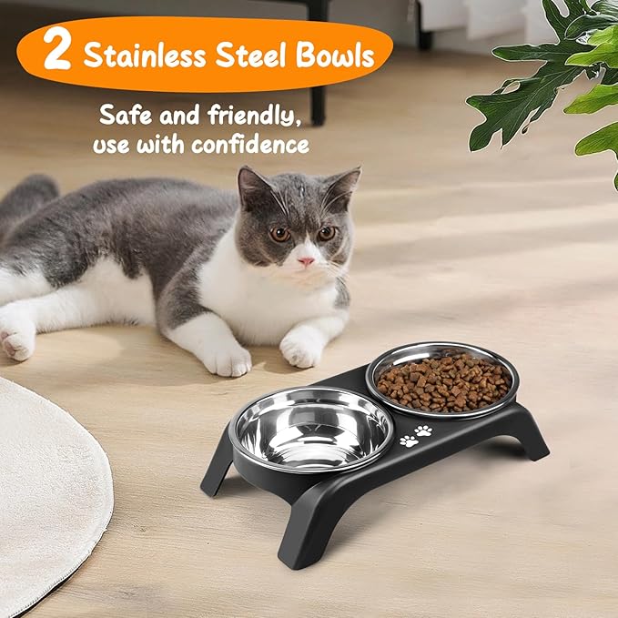 Elevated Dog Bowls for Small Dogs, 3” High Raised Dog Bowl Stand with Dual 5” Stainless Steel Bowls Non-Slip Pet Feeder for Puppy and Cats, Dishwasher Safe, Black