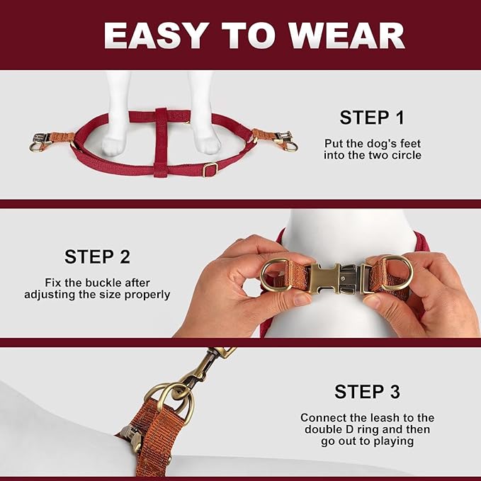Didog Step in Dog Harness with Metal Buckles, Freedom Nylon Dog Halter Vests for Medium Dogs Easy Walking Training(M:Chest 19-28", Red)