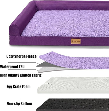 Patas Lague Orthopedic XL Dog Bed Large Sized Dog 48''X30'', Waterproof L Bolster Big Pet Sofa Beds with Removable Washable Cover, Soft Comfortable Pet Couch Crate Mat with Nonskid Bottom, Purple